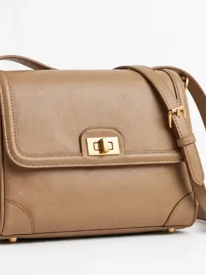 Sac à Main Femme Cuir Beige Camel - Fermoir Doré 