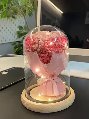 Bouquet de fleurs sous cloche avec LED et socle bois - Miniature 6