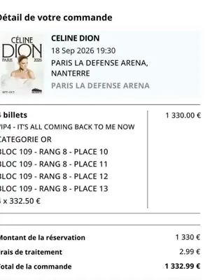 4 places Céline Dion 18 sept 2026 Paris VIP OR