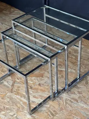 Ensemble de 3 tables gigognes chromées vintage des années 1980 - Miniature 2