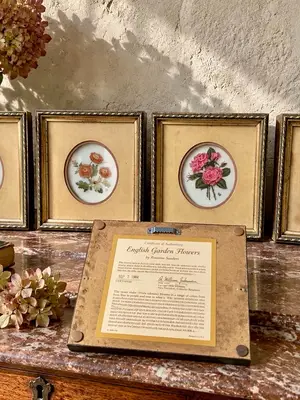 Lot de 4 tableaux floraux vintage Franklin Mint, Rosanne Sanders, 1984