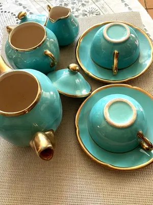 Service à thé vintage céramique turquoise et dorée