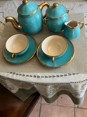 Service à thé vintage céramique turquoise et dorée - Miniature 3