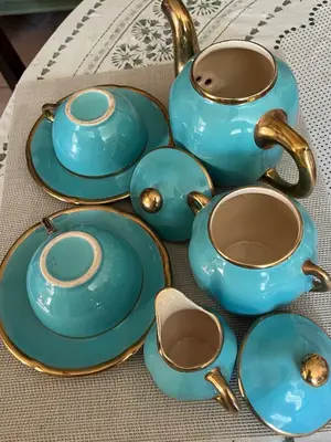 Service à thé vintage céramique turquoise et dorée - Miniature 2