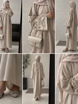 Robe longue/abaya beige avec broderies florales aux manches - Miniature 2