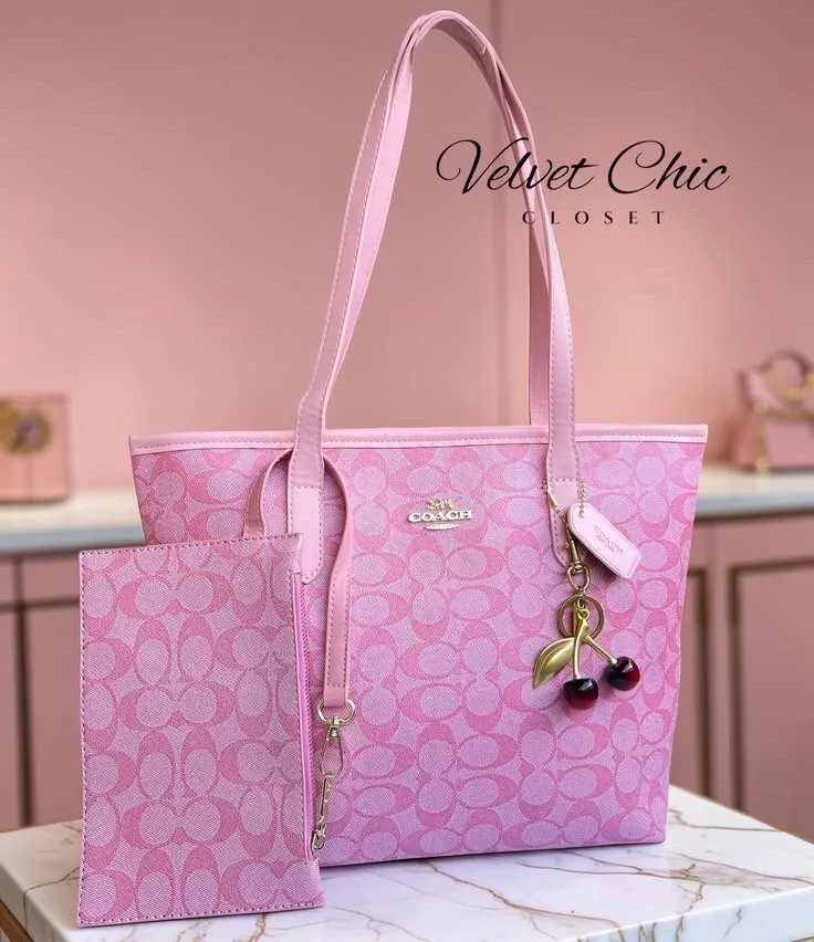 Sac cabas rose poudré monogrammé avec pochette assortie - neuf - Photo 1
