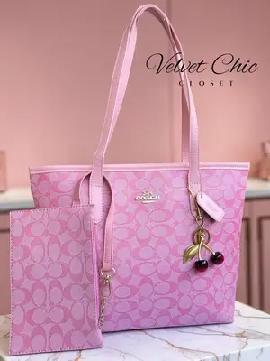 Sac cabas rose poudré monogrammé avec pochette assortie - neuf
