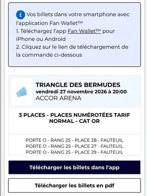 3 places côte à côte en carré or pour le concert de Triangle des Bermudes