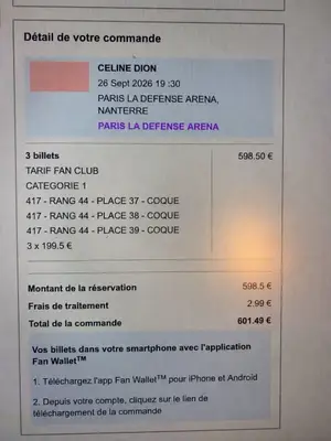 3 places Céline Dion 26 septembre
