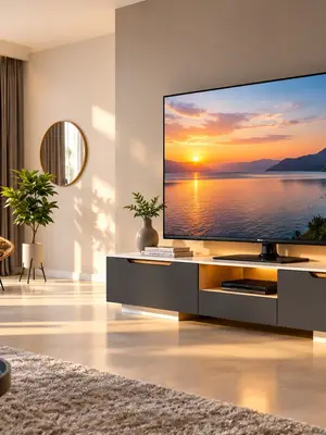 Meuble TV moderne à finition effet bois et façades gris anthracite