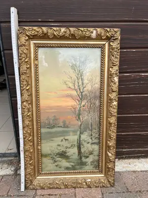 Tableau ancien paysage d'hiver cadre à l'ancienne - Miniature 2