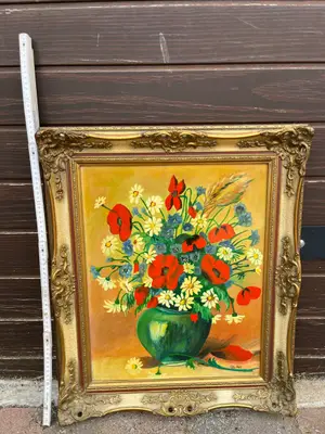 Tableau ancien - Nature morte coquelicots cadre doré