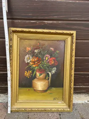 Tableau ancien Nature morte aux fleurs cadre doré - Miniature 2