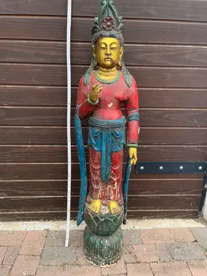 Statue bois polychrome Guanyin - Déesse asiatique