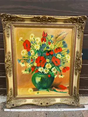 Tableau ancien - Nature morte coquelicots cadre doré - Miniature 2