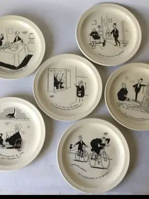 Lot de 6 assiettes en faïence vintage décor humoristique noir et blanc