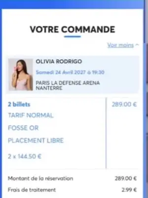 2 places pour le concert d’Olivia Rodrigo à Paris