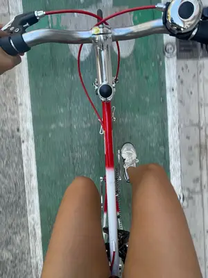 Vélo vintage blanc et rouge en très bon état, freins et vitesses fonctionnels