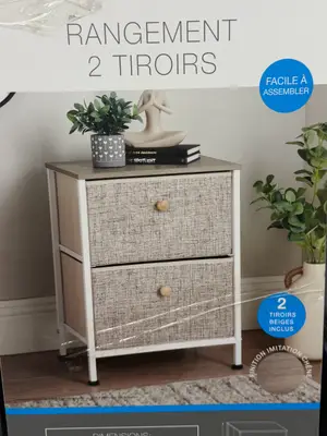 Meuble à deux tiroirs, effet bois et tissu beige - Miniature 2