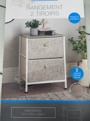 Meuble à deux tiroirs, effet bois et tissu beige