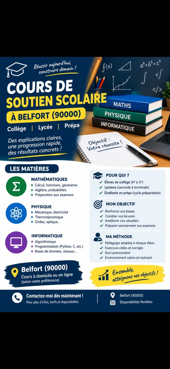 Cours particuliers en maths, physique et informatique à Belfort, titulaire bac+5 - Photo 1