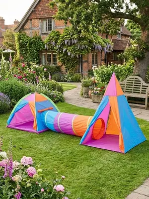 Tentes de jeu enfants multicolore + tunnel - 2 tentes - Miniature 2