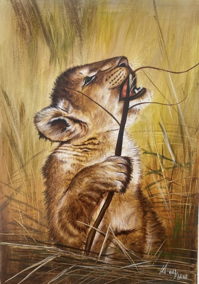 Tableau peinture à huile sur toile ! Lionceau agité - Miniature 3