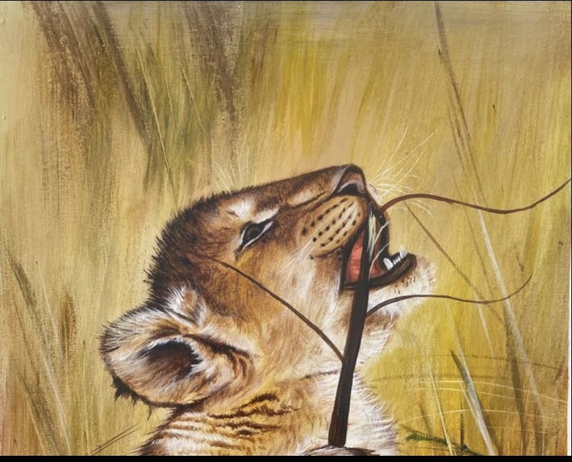 Tableau peinture à huile sur toile ! Lionceau agité