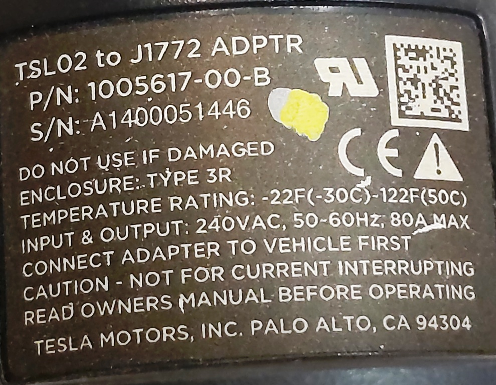 Adaptateur de charge J1772 Tesla modèle S, modèle S REST, modèle X,
modèle 3, modèle Y 1005617-00-B