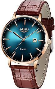LIGE Hommes Montres Etanche Ultra Mince Montre Bracelet à Quartz Analogique avec Bracelet en Cuir Da