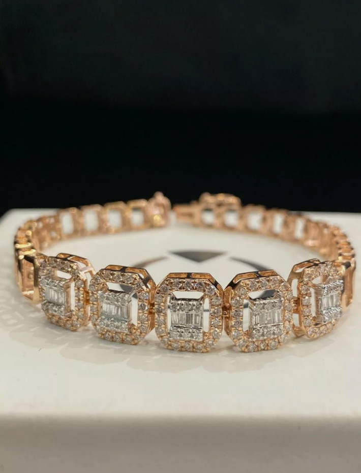 Pave 1.66 TCW Diamants Ronds Taille Baguette Bracelet Tennis Halo En Or 585 14K