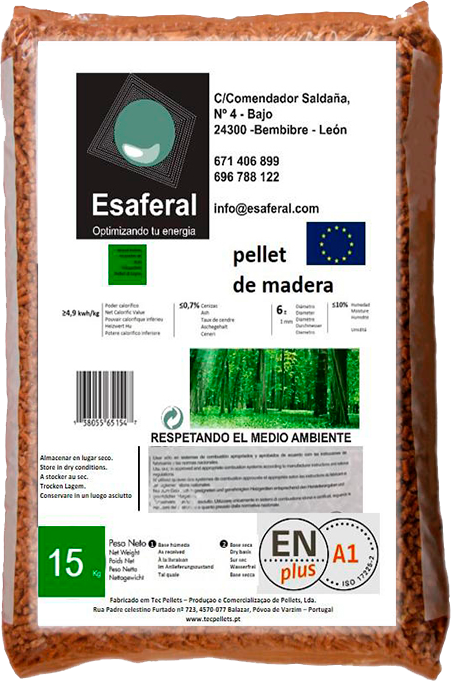 65 Sacs de ESAFERAL - Pellets pour poêle 15 kg en Bois recyclé et biomasse EN+A1 et FSC