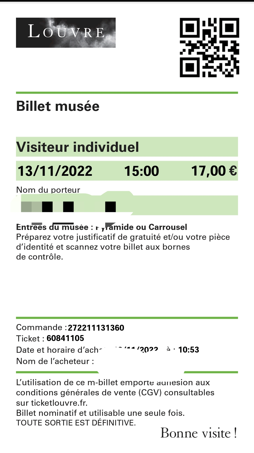 Billets pour le musée du Louvre.