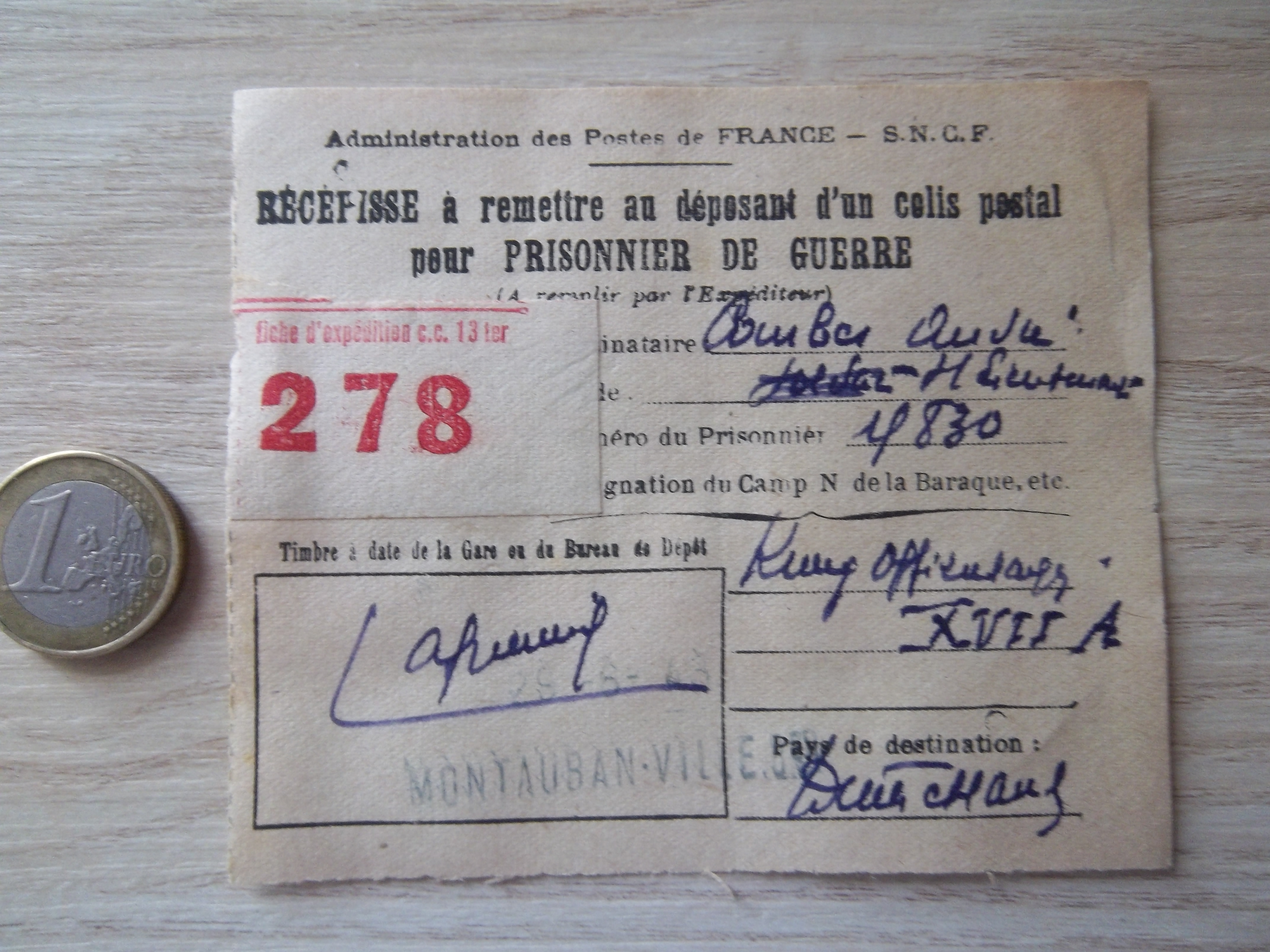 Récépissé d'envoi colis SNCF pour prisonnier de guerre 1943