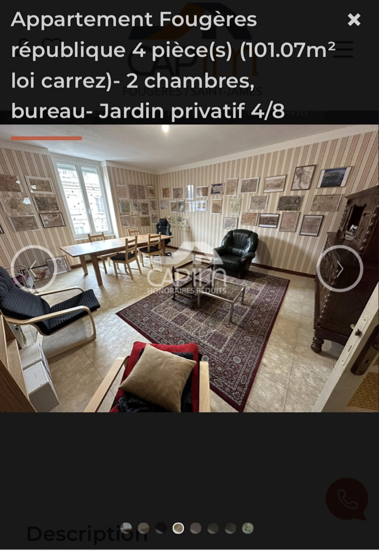 Appartement Fougères république 4 pièce(s) (101.07m² loi carrez)- 2 chambres, bureau- Jardin privati