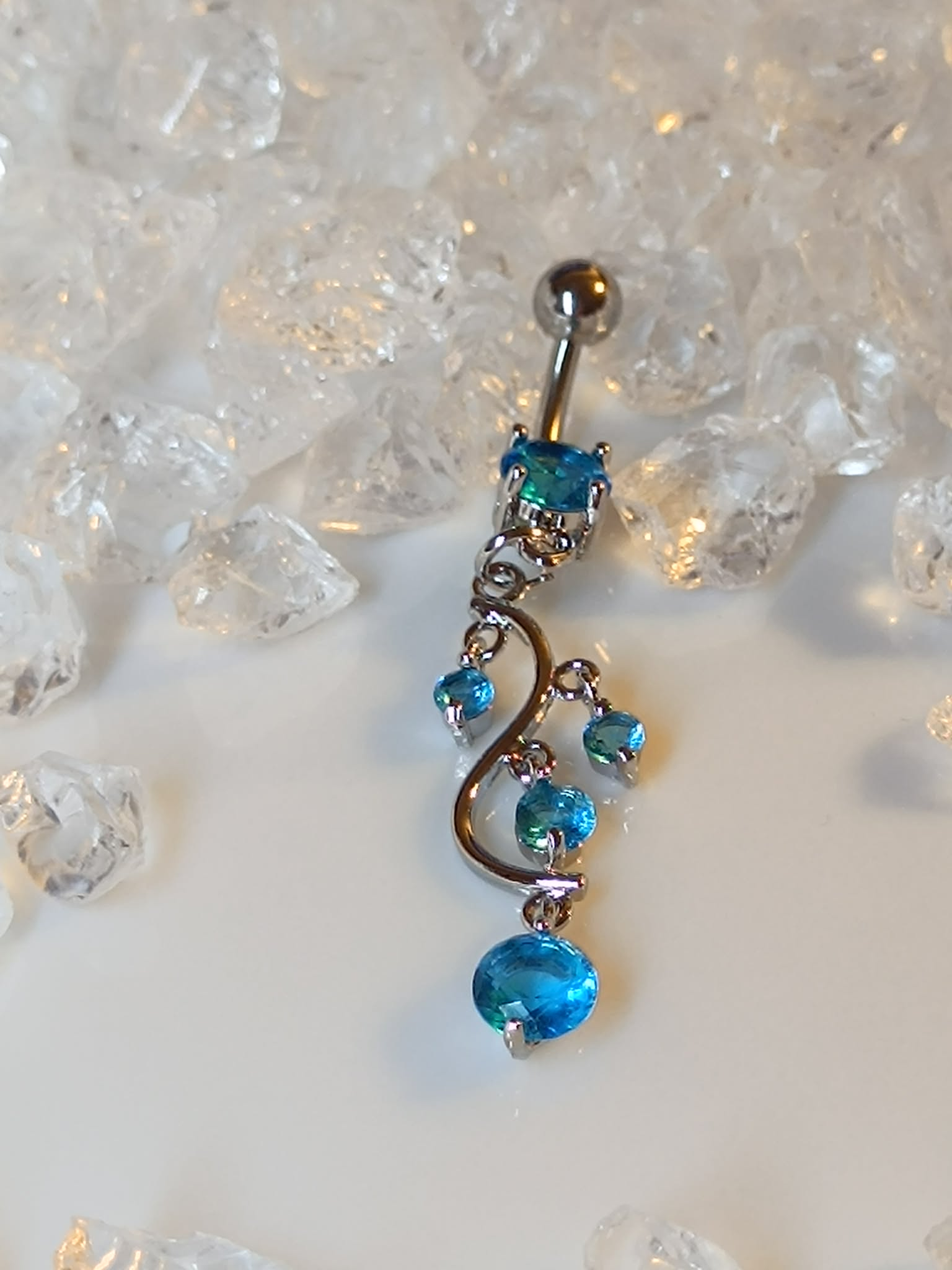 Piercing Au Nombril Vigne Acier Inoxydable Zircone 1.6mm x 10mm STRASS pendantif bleu aqua anneau ve