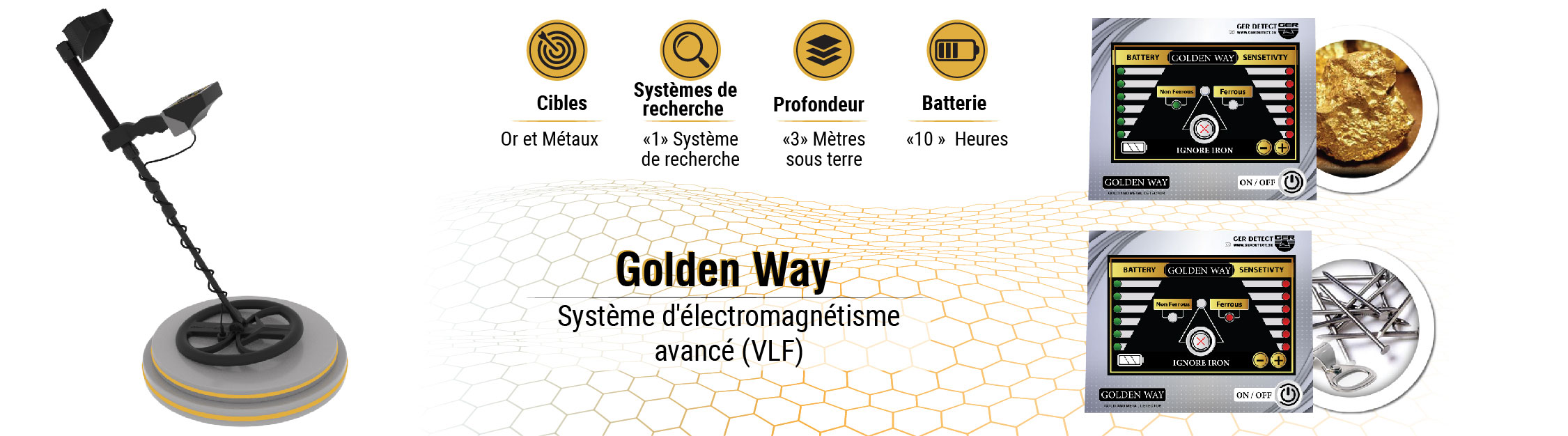Le détecteur GOLDEN WAY
Un Appareil avec un système électromagnétique (VLF) pour détecter l'or enter