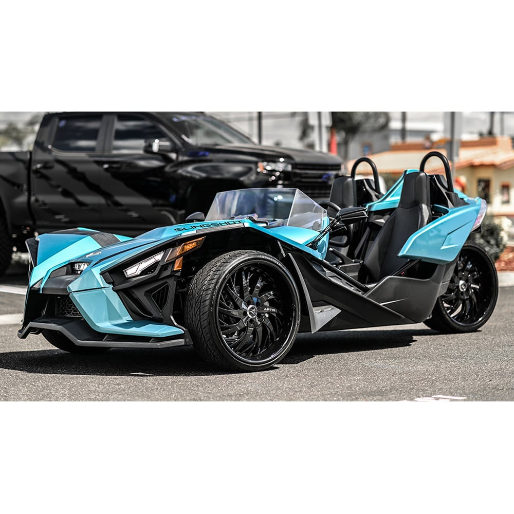 24 STAGGERED ARTIS WHEELS DECATUR GLOSS BLACK POLARIS SLINGSHOT 3-WHEELER RIMS