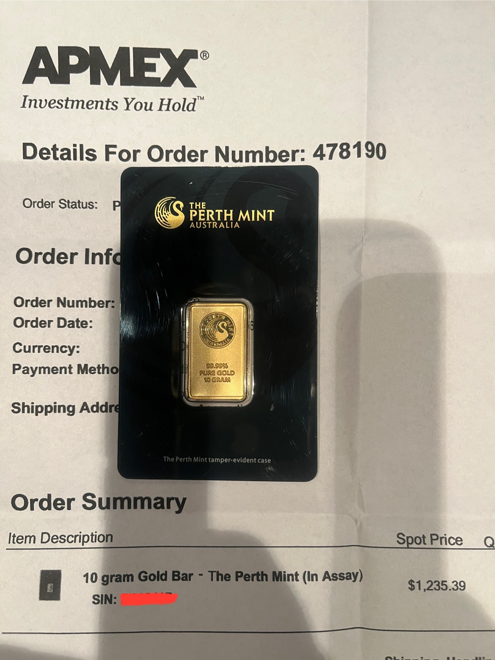 Lingot d’Or pur 24 K 10 g Perth Mint neuf