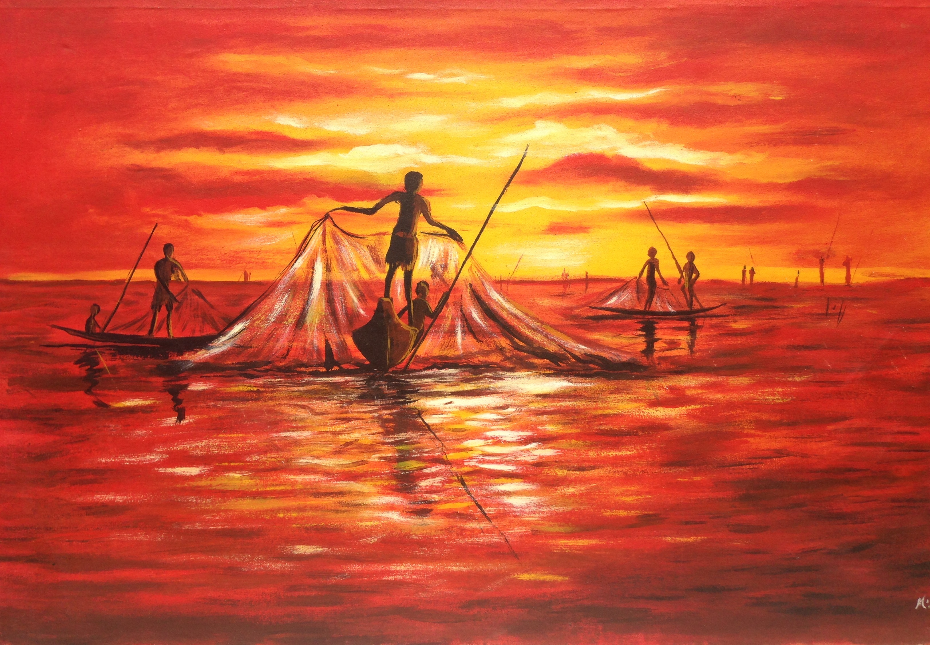 Peinture à huile sur toile ( scène de pêche)