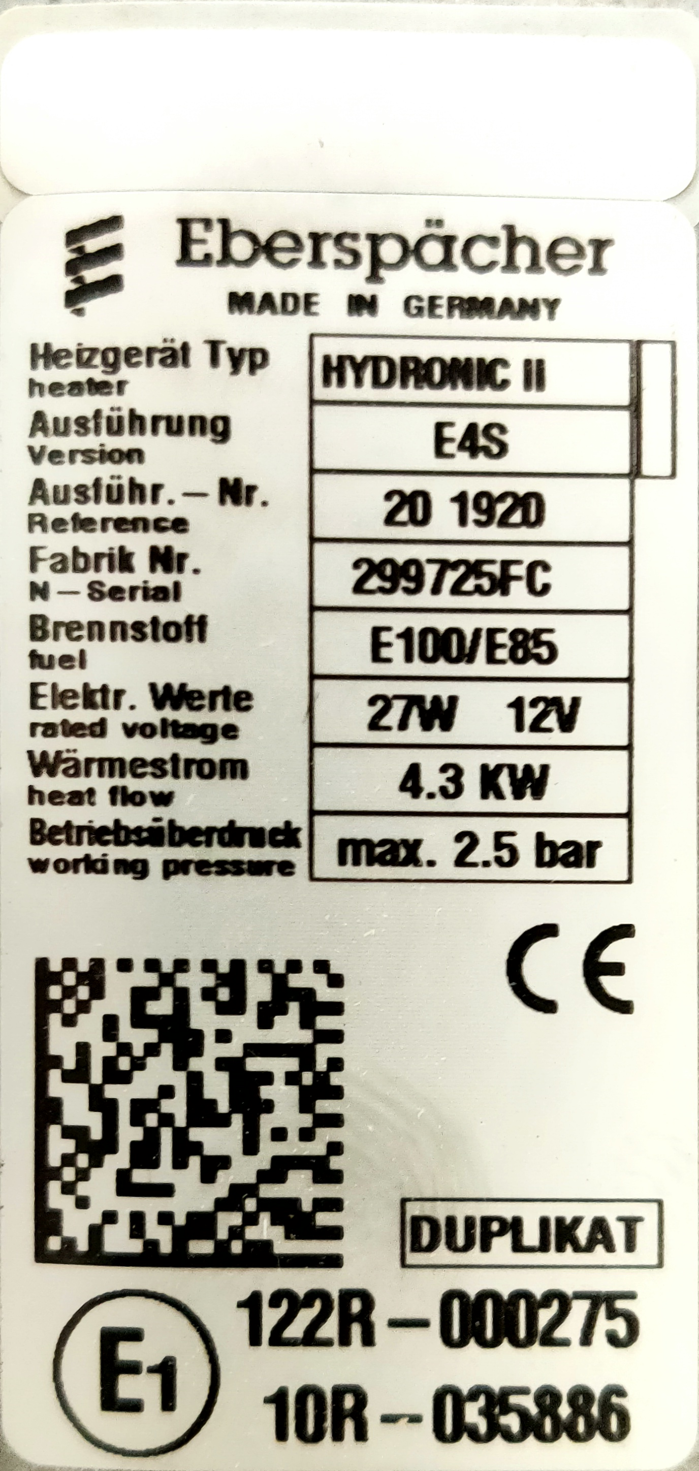 Chauffage autonome Eberspaecher Hydronic 2 E4S Éthanol E85