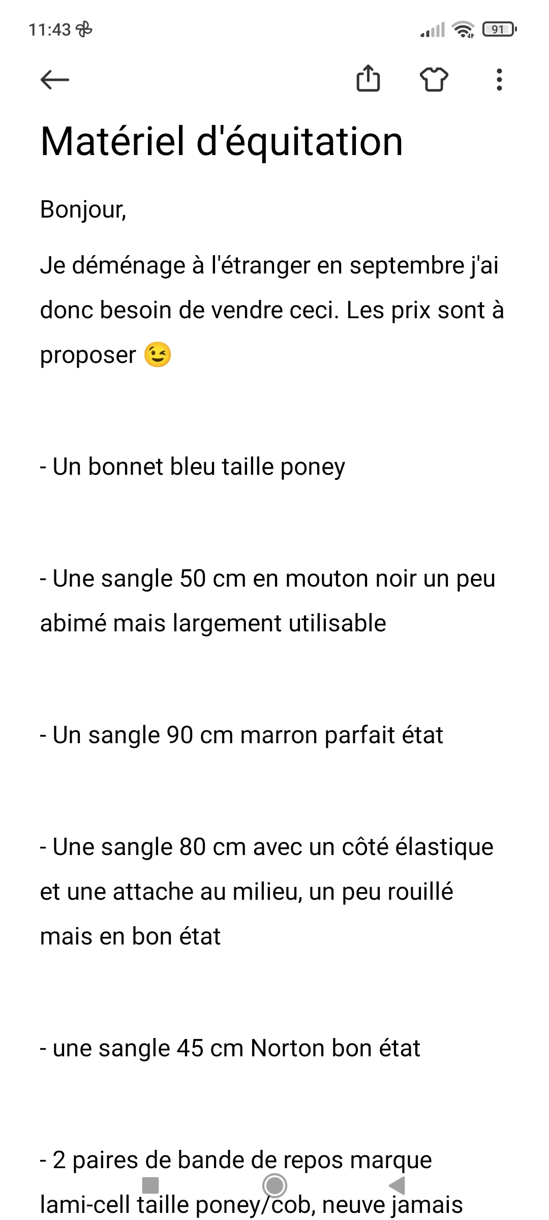 Matériel d'équitation/vide sellerie