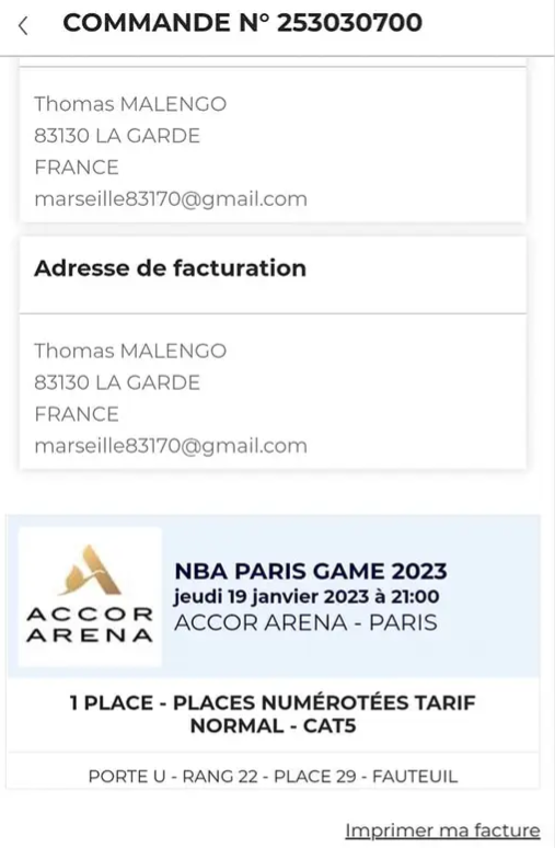Billet pour le match NBA