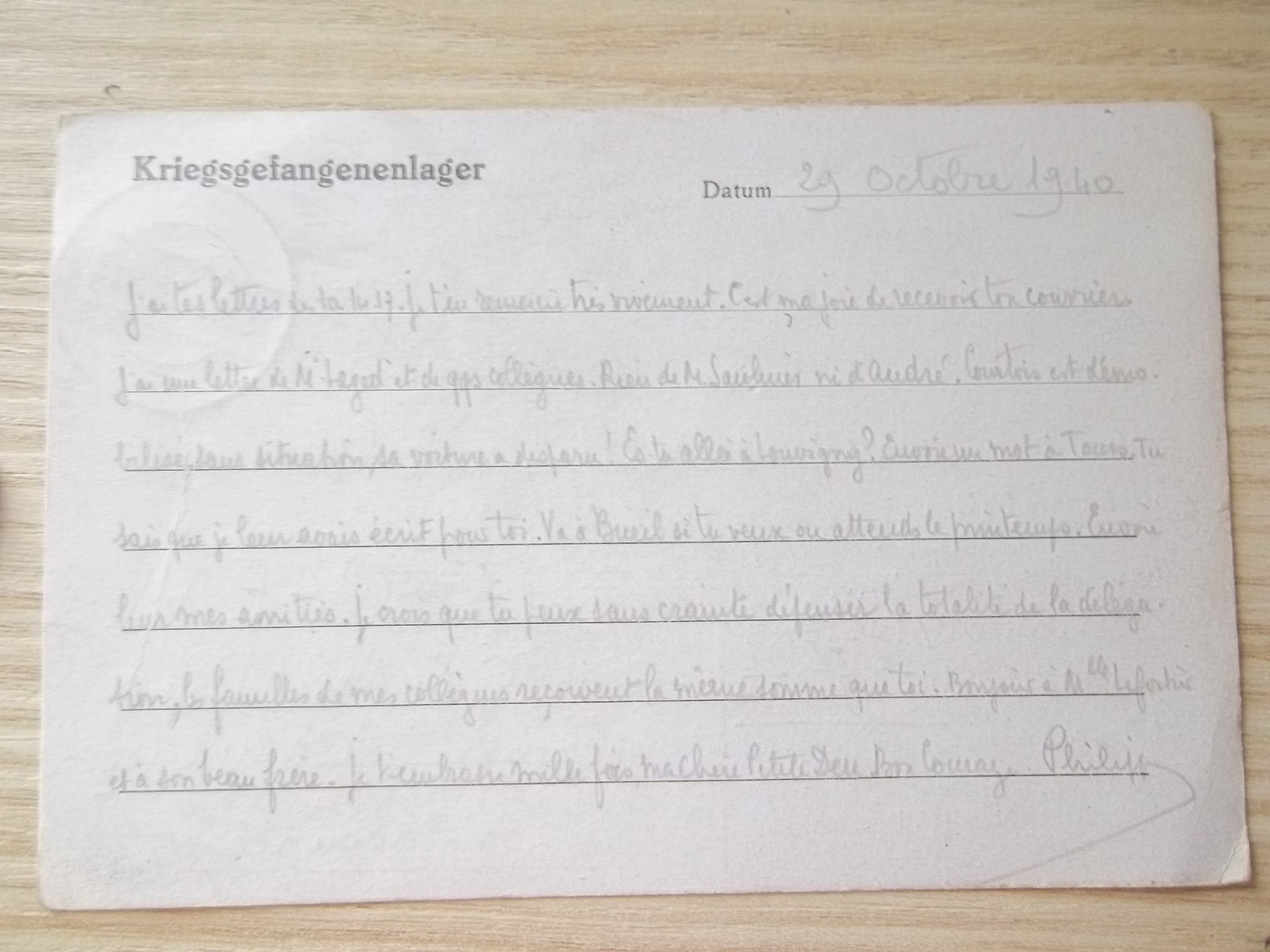 Lettre de prisonnier de guerre du 29 octobre 1940 - Photo 1