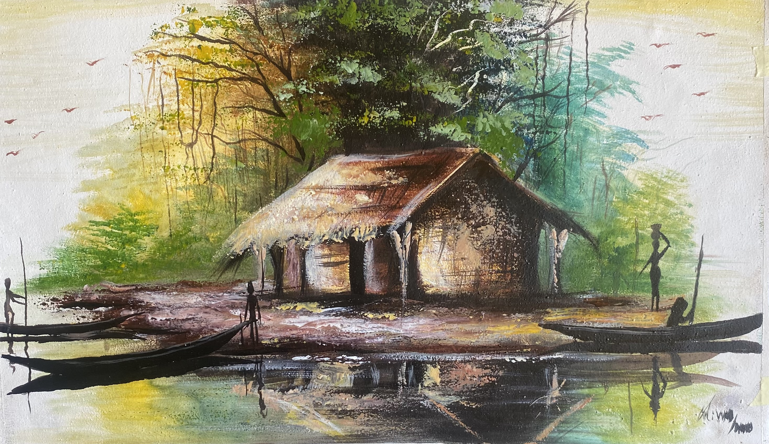Tableau peinture à huile ( village africain) - Miniature 2