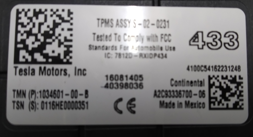 Antenne de capteur de pression des pneus (TPMS) Tesla modèle X S REST 1034601-00-B
