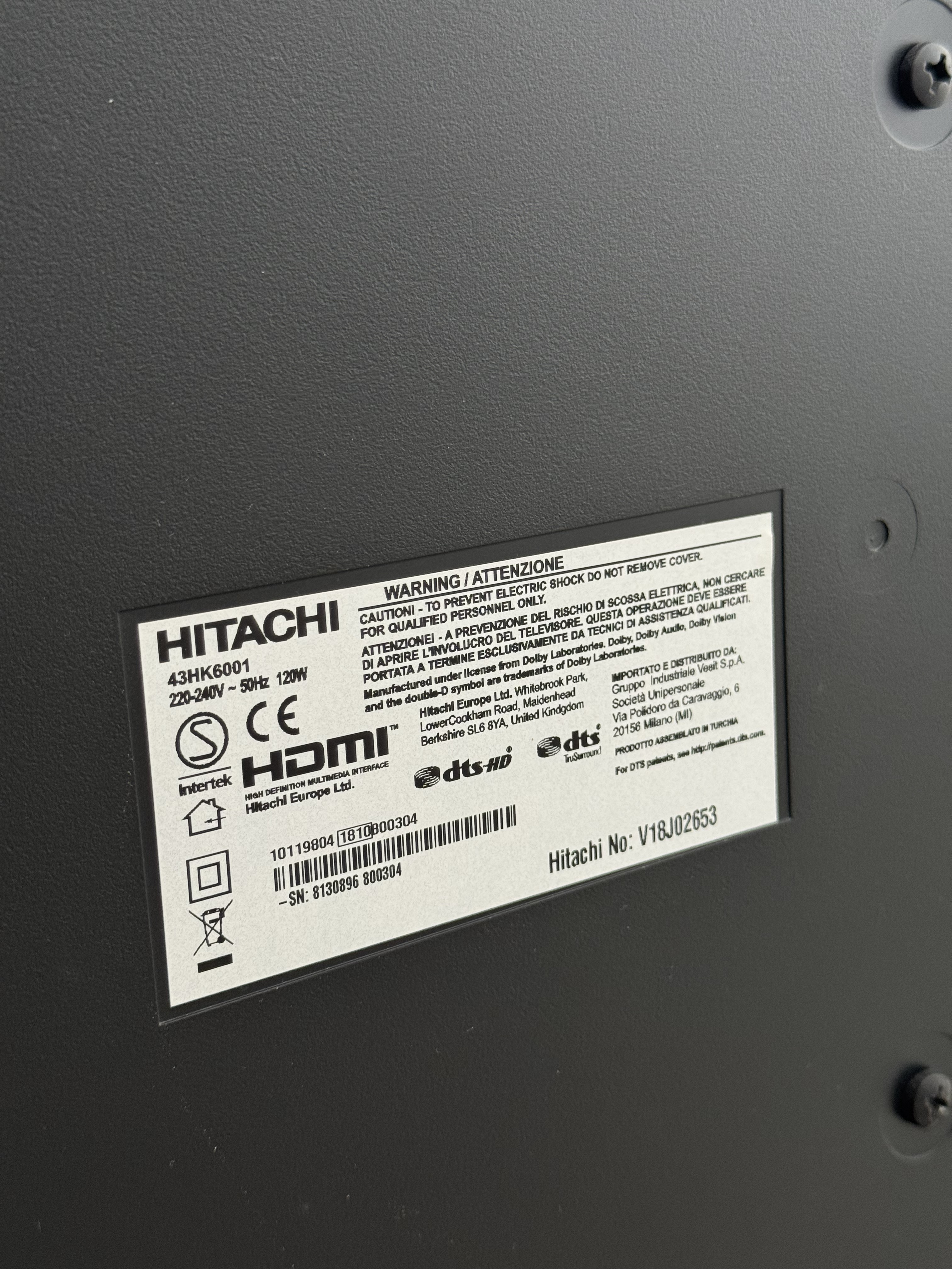 Téléviseur 4K Ultra HD Hitachi 43HK6001W à vendre