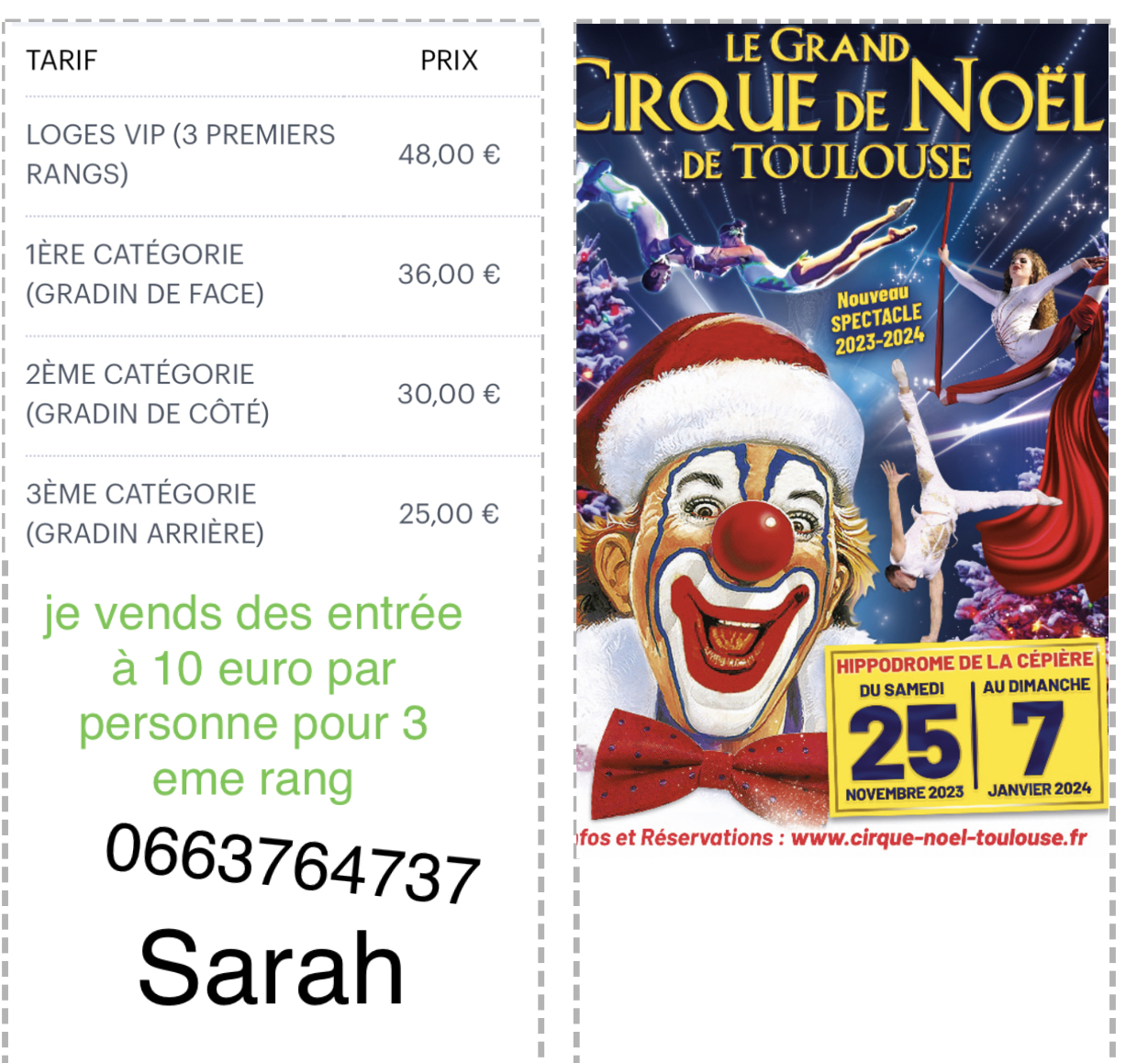 je vends des billets pour cirque noël TOULOUSE