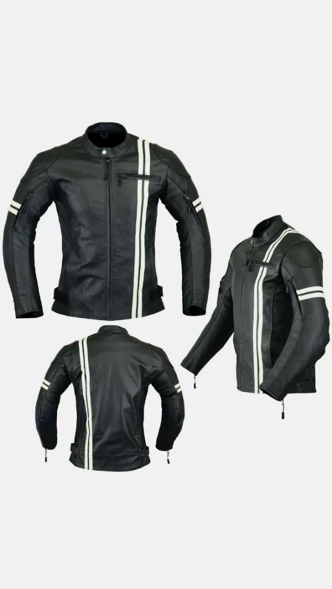 MENS MOTORCYCLE ARMORED BIKERS LEATHER JACKET BLACK/WHITE ARMORE LJ-3024