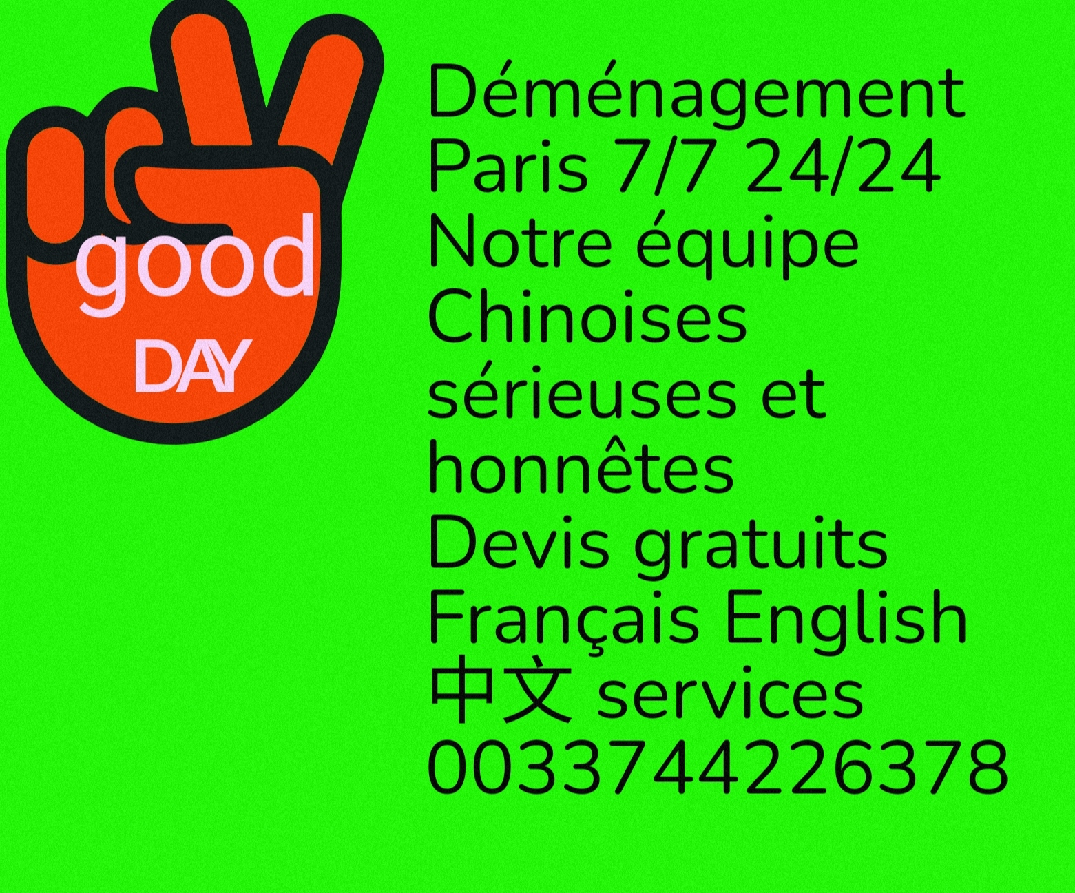 Déménagement services Paris 7/7 24/24  équipes Chinoises